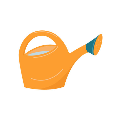 Plastic yellow watering can. Child gardening tools, inventory.To water the plants and flowers. Flat vector illustration isolated on white backgroundのイラスト素材