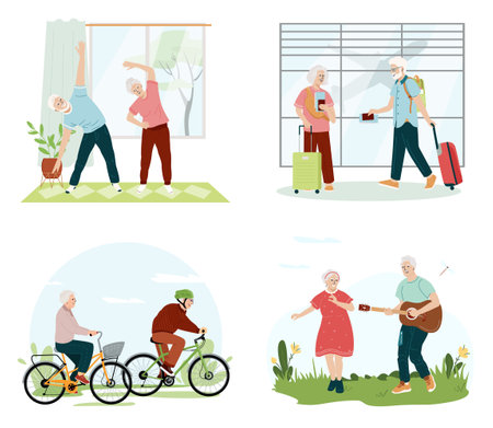 Collection of cute funny active elderly couples concept. Set of healthy activities for seniors exercising, dancing, cycling, travel. Active retirement spends time outdoors. Flat vector illustrationのイラスト素材