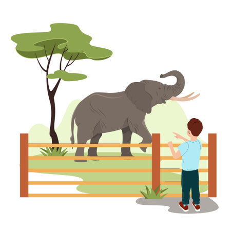 Cute children spending the day visiting Zoo. The little boy looks at the elephant. Kids to learn about the wildlife animals Cartoon vector illustration in flat styleのイラスト素材