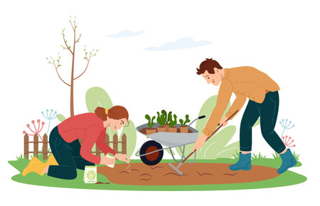 Boy and girl work in the garden Cute young woman sowing seeds of flowers on backyard in the spring Man raking the beds isolated on white Agricultural activity Vector illustration in flat styleのイラスト素材