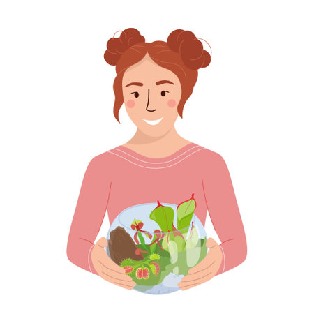 Young girl with florarium taking care of carnivorous plants. Home garden, greenhouse, gardening, florarium, plant lover concept. Vector illustration isolated on white background.のイラスト素材