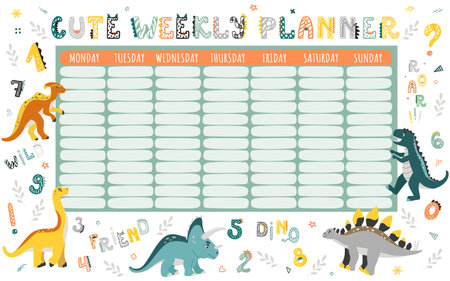 Cute dinosaurs stationery planner for a week and daily organizer for kids, Monday to Sunday schedule. Vector colorful illustrations of various funny dino in simple scandinavian cartoon styleのイラスト素材