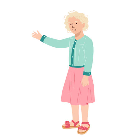 Cute girl shows something. Smiling kid teen girl wearing denim jacket greeting and invite other. Flat vector illustration isolated on white backgroundのイラスト素材