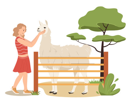 Cute children walking in safari park. Happy girl spending the day visiting Zoo and hugging llama. For African animals, safari, tourists concept. Cartoon vector illustration in flat styleのイラスト素材