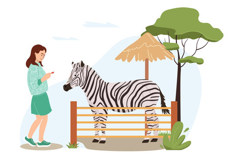 Cute children walking in safari park. Happy girl spending the day visiting Zoo and feeding a zebra. For African animals, safari, tourists concept. Cartoon vector illustration in flat styleのイラスト素材