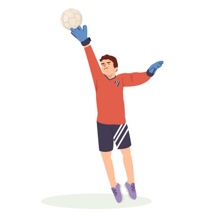 A teenage football goalkeeper in a red sports shirt caught a soccer ball in a jump. Kid athlete plays football, dynamic practicing. Cartoon vector illustration in flat style isolated.のイラスト素材