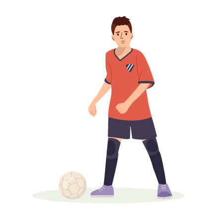 Teenage boy football player, in a red sports shirt, kicks a soccer ball. Kid sportsman playing football game, dynamic practicing. Cartoon vector illustration in flat style isolated.のイラスト素材