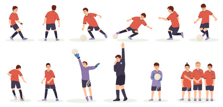Soccer team kids set Boys from soccer team wear uniform playing game, teenage athletes kick the ball. Cartoon vector children illustration isolated on white background.のイラスト素材