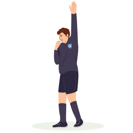Football referee in a black sports shirt raised his hand up and blows the whistle. Soccer referee stops the game. Cartoon vector illustration in flat style isolated.のイラスト素材