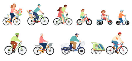 Collection of people riding bicycles. Set of family: man, woman, children, grandfather and grandmother on bikes of various types - with child seats, trailers, balance bikes. Flat vector illustration.のイラスト素材