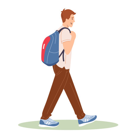 School boy wear uniform with rucksack going to school. Student with backpack go for education and knowledge. Back to school. Cartoon flat vector illustration isolated on white backgroundのイラスト素材