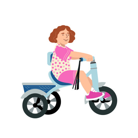 Cute smiling girl riding bicycle. Little kid learning on a first tricycle bike. Flat vector illustration isolated on white background.のイラスト素材