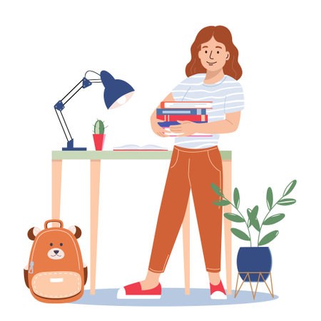 Cute schoolgirl puts books in backpack. Kid getting ready for school. Smiling girl at her room. Vector character illustration of elementary school education, studying lessons, childhood, lifestyleのイラスト素材