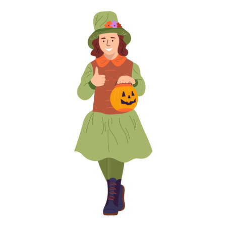 Happy girl in traditional Halloween costume trick or treat. Halloween holiday party children funny celebration in kindergarten or school. Vector illustration isolated on white backgroundのイラスト素材