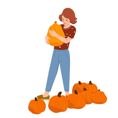 Girl cartoon character with pumpkin harvest. Cheerful woman farmer holding pumpkins. Colored flat vector illustration isolated on white backgroundのイラスト素材