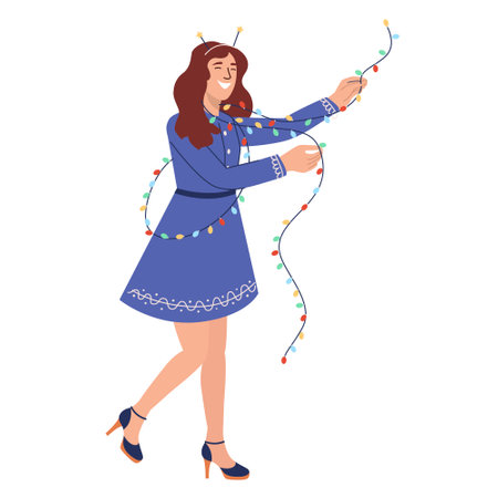A young woman with a New Year's garland is preparing to celebrate the winter holidays and Christmas Eve. Cartoon flat vector illustration on white background.のイラスト素材