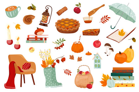 Autumn season set of elements: rubber boots, falling leaves, cozy food, books Collection of Thanksgiving elements for scrapbooks, cards, poster Bright vector illustration for harvesting pumpkin seasonのイラスト素材