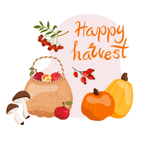 Hand drawn composition with lettering Happy harvest and autumn red apples in basket, pumpkins, leaves, mushroom. Autumnal still life of fall season harvest Bright vector illustration isolated on whiteのイラスト素材