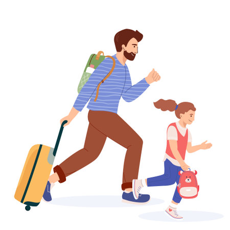 Father with child with suitcase and passport in a hurry trying to get his flight or train. Worried man and girl run with baggage to gates upset with missed flight. Vector characters flat styleのイラスト素材