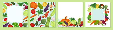 Collection of local produce farmers market and harvest festival posters. Vegetables food hand drawn banner set. Organic food farmers market concept. Composition with the place for your textのイラスト素材