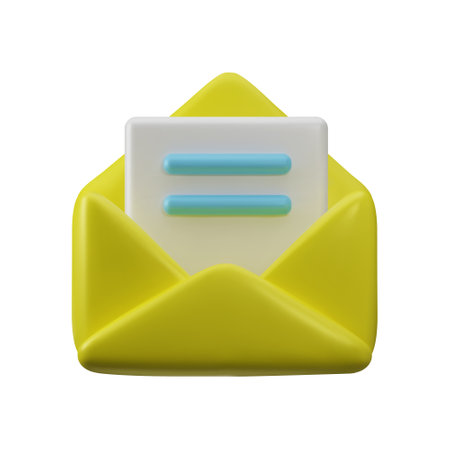 Glossy plastic document in yellow 3d envelope. Business document, email with white volumetric sheet...