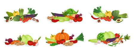 Fresh healthy vegetables banners. Compositions of farm product asparagus, artichoke, leek. Collection organic eco farm product for restaurant menu, market, label. Flat vector illustrationsのイラスト素材