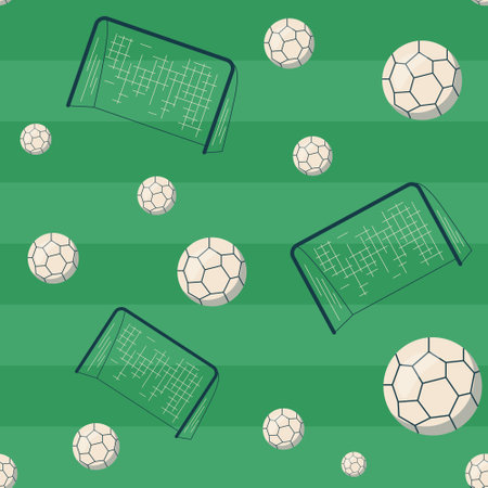 Seamless football pattern with soccer goals and balls on a green background. Illustration vector graphic of football pattern for background, wallpaper, fabric, textile etcのイラスト素材