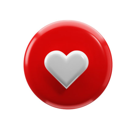 Glossy Like for social media. Plastic red circle with white heart inside. Colorful bright vector 3d...