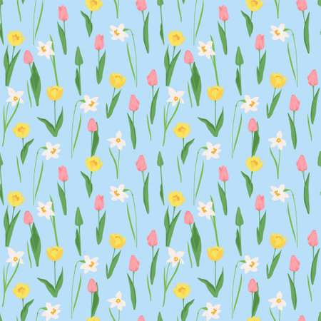Beautiful vector seamless floral pattern with spring flowers tulips and daffodils. Endless pattern can be used for fabric, wallpaper, pattern fills, web page background, surface textures.のイラスト素材