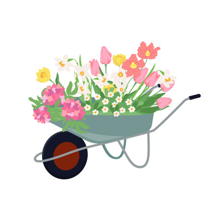 Flower garden cart with early spring flowers. Floral design elements for mothers day, Valentines Day, birthday. Vector illustration wheelbarrow flat style isolated on white background.のイラスト素材