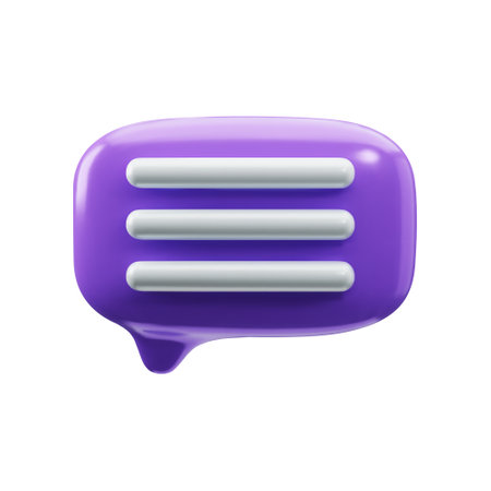 3D purple glossy speech, communication, dialogue bubble icon on white background. Chat message concept, social media communication, notification concept. Trendy cartoon minimalist styleのイラスト素材