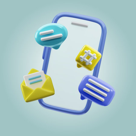 Glossy 3D social communication vector. Phone, email and speak bubbles. Communication, correspondence on a mobile phone. Stylize concept for conversation, dialogue, messenger or online supportのイラスト素材