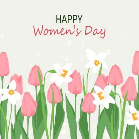 Floral square frame. Spring flowers blooming tulips and daffodils. Flat style vector design, decoration for greeting card, social media posts, apps, invitations, advertising, Womens or Mothers dayのイラスト素材
