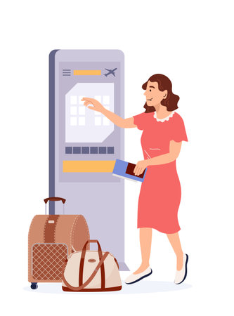 Woman self check in at automatic machine in airport terminal. Buying air plane tickets at self-service kiosk. Tourist at electronic digital screen for check-in machine. Flat vector illustrationのイラスト素材