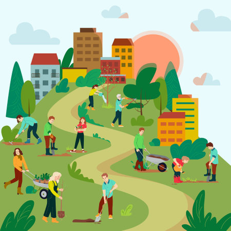 Adults and kids planting trees and bushes in the park vector illustration. Group people work together to improve the environment. Different people carrying trees, digging, watering. Flat vectorのイラスト素材