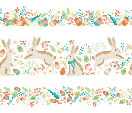 Set of Easter seamless borders with bunnies and eggs in flower meadow on transparent background. Lovely hand drawn horizontal seamless pattern, cute doodle eggs, great for textiles, banners, wallpaperのイラスト素材