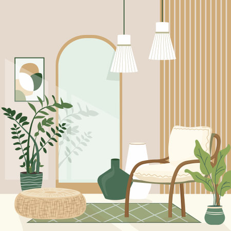 Cozy boho style design interior with a stylish combination of trendy earth tones. Personal eco space concept in Scandinavian Style with rattan pouffe mirror modern chair and plants Vector illustrationのイラスト素材
