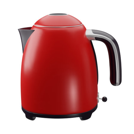 Vector 3d cartoon red electric kettle icon isolated on white background. Household appliance, electric kitchenware equipment, modern teapots for boiling water for tea or coffee.のイラスト素材