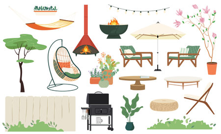 Modern backyard furniture with hammock, hanging chair, bbq grill, fireplace and plants. Backyard cartoon flat elements, summer terrace and patio, outdoor lounge items, relax modern park objects. Vector clipartのイラスト素材
