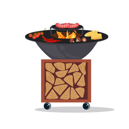 Vector illustration of cooking grill with sausages, vegetables and other items for a barbecue party in a flat style. Moveable outdoor kitchen with store wood in, BBQ grill food isolated on white backgroundのイラスト素材