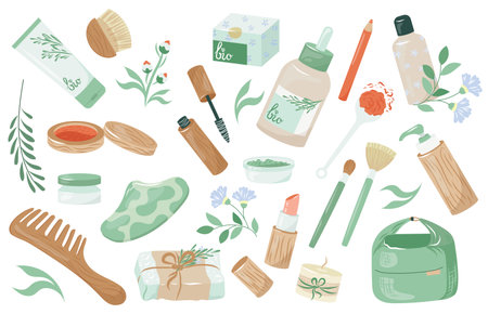 Set of wood bottles, paper tubes with organic cosmetics for eco friendly living. Collection of bio skincare products isolated on white. Zero waste lifestyle concept. Colorful vector illustrationのイラスト素材