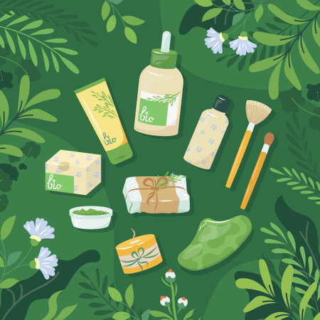 Natural wood bottles, paper tubes with organic cosmetics for eco friendly living. Colorful vector illustration of organic vegan cosmetics for make up, skincare products. Zero waste lifestyle conceptのイラスト素材