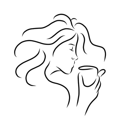 Line art drawing. Abstract portrait of young woman with cup of coffee. Vector illustration. Woman with coffee mug minimal logoのイラスト素材
