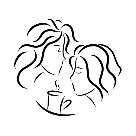 Abstract portrait of two young women with cup of coffee. Line art girls drawing. Vector illustration. Girlfriends with coffee mug. Cafe minimal logoのイラスト素材