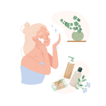 Girl applying cleansing and moisturizing face skincare products with natural wood bottles at home. Everyday skin care routine. Flat vector illustration of young woman washes her face natural cosmeticsのイラスト素材