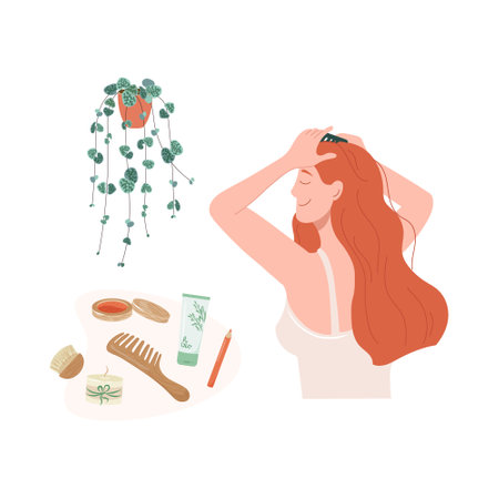 Young girl combing her hair at home. Daily morning routine. Flat vector illustration of young redhead woman taking care of herself preens her hair isolated on white backgroundのイラスト素材