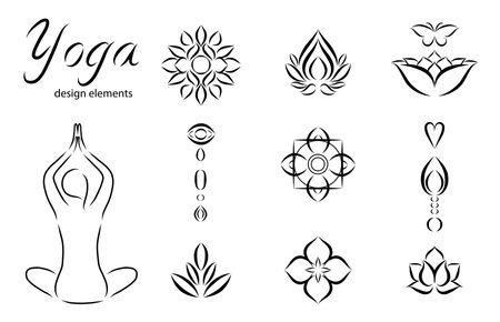 Set of yoga vector icons templates and relaxation symbols in outline style. Woman silhouette in line art style. Collection of handdrawn yoga graphic design elements for spa center or yoga studioのイラスト素材