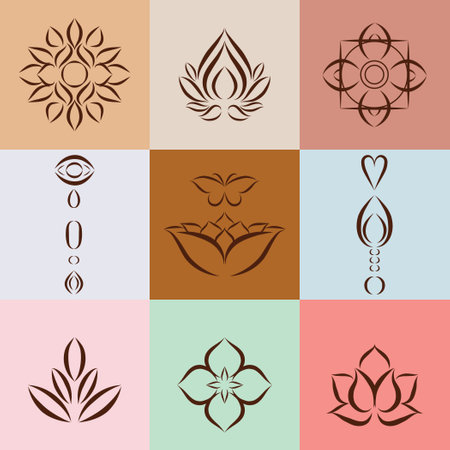 Set of yoga vector icons templates and relaxation symbols in outline style. Collection of handdrawn yoga graphic design elements for spa center or yoga studio in line art styleのイラスト素材