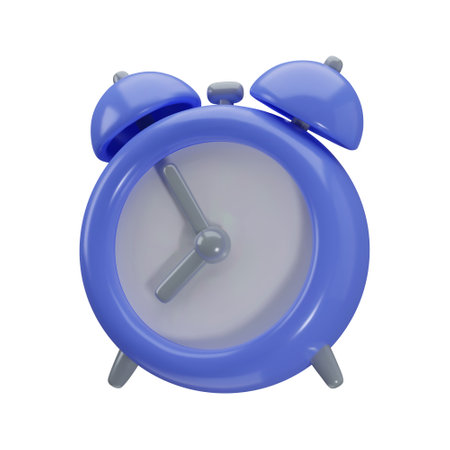 Glossy plastic 3d cartoon alarm icon. Realistic vintage blue table clock with shaddow. Vector...