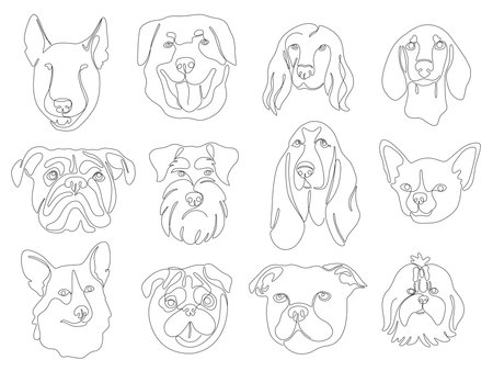 Set of one continuous line drawing dog breed portrait icons. Vector Images of schnauzer, dachshund, bulldog, beagle, pug, corgi, bull terrier. Single line minimal style cute puppy black linear sketchのイラスト素材
